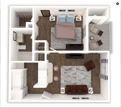 A 3D floor plan of a small apartment with a bedroom, living room, and kitchen.
